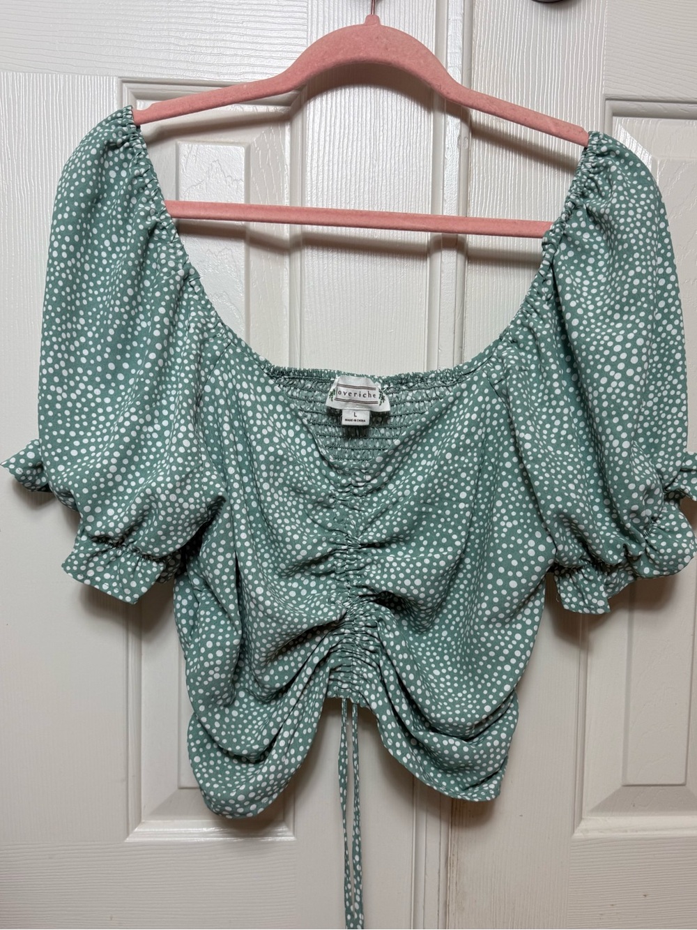 Love Riche Sage Green Dotted Ruched Puff Sleeve Crop Top